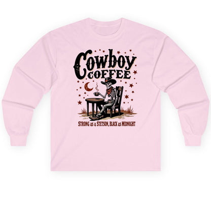 Cowboy Coffee Strong as a Stetson, Black as Midnight cowboy skeleton Long Sleeve Tee Light Pink product mockup