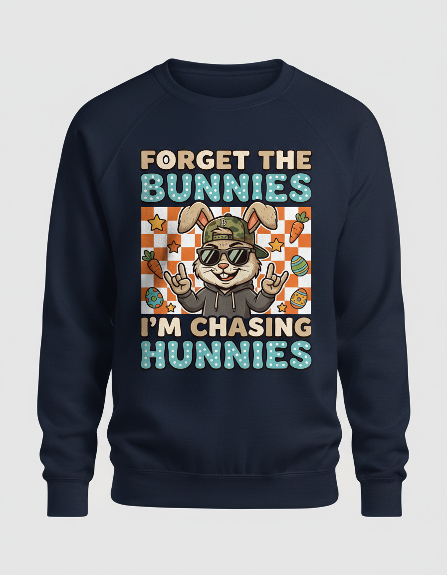 Funny Cool Easter Bunny Chasing Hunnies Design Sweatshirt - Navy