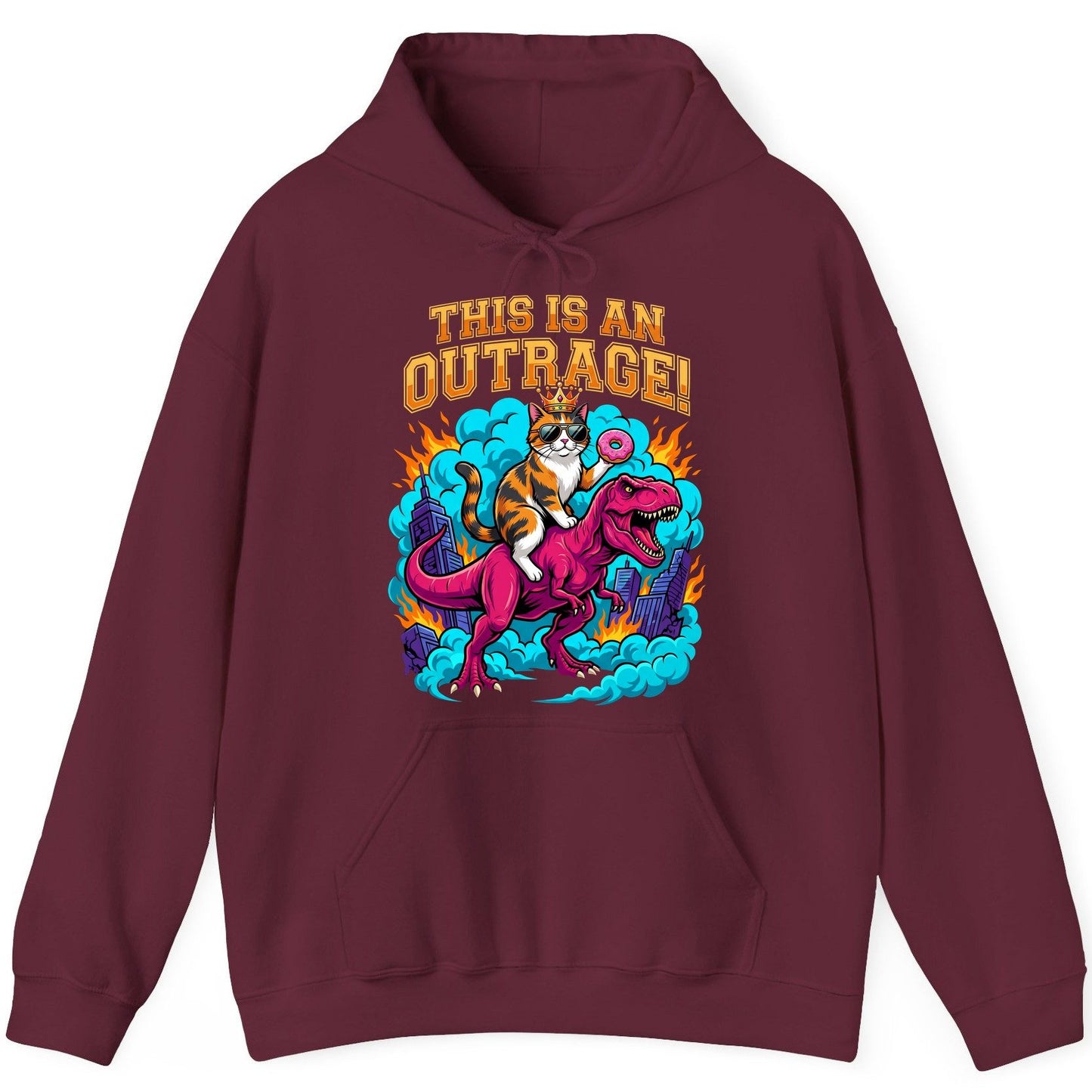 THIS IS AN OUTRAGE! Cat riding a T-Rex Hoodie Maroon product mockup