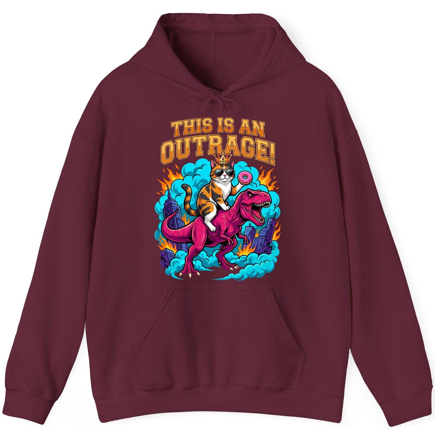 THIS IS AN OUTRAGE! Cat riding a T-Rex Hoodie Maroon product mockup