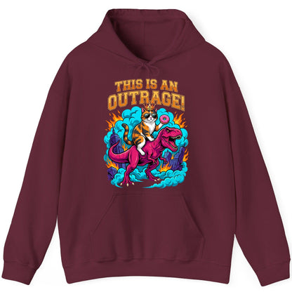 THIS IS AN OUTRAGE! Cat riding a T-Rex Hoodie Maroon product mockup