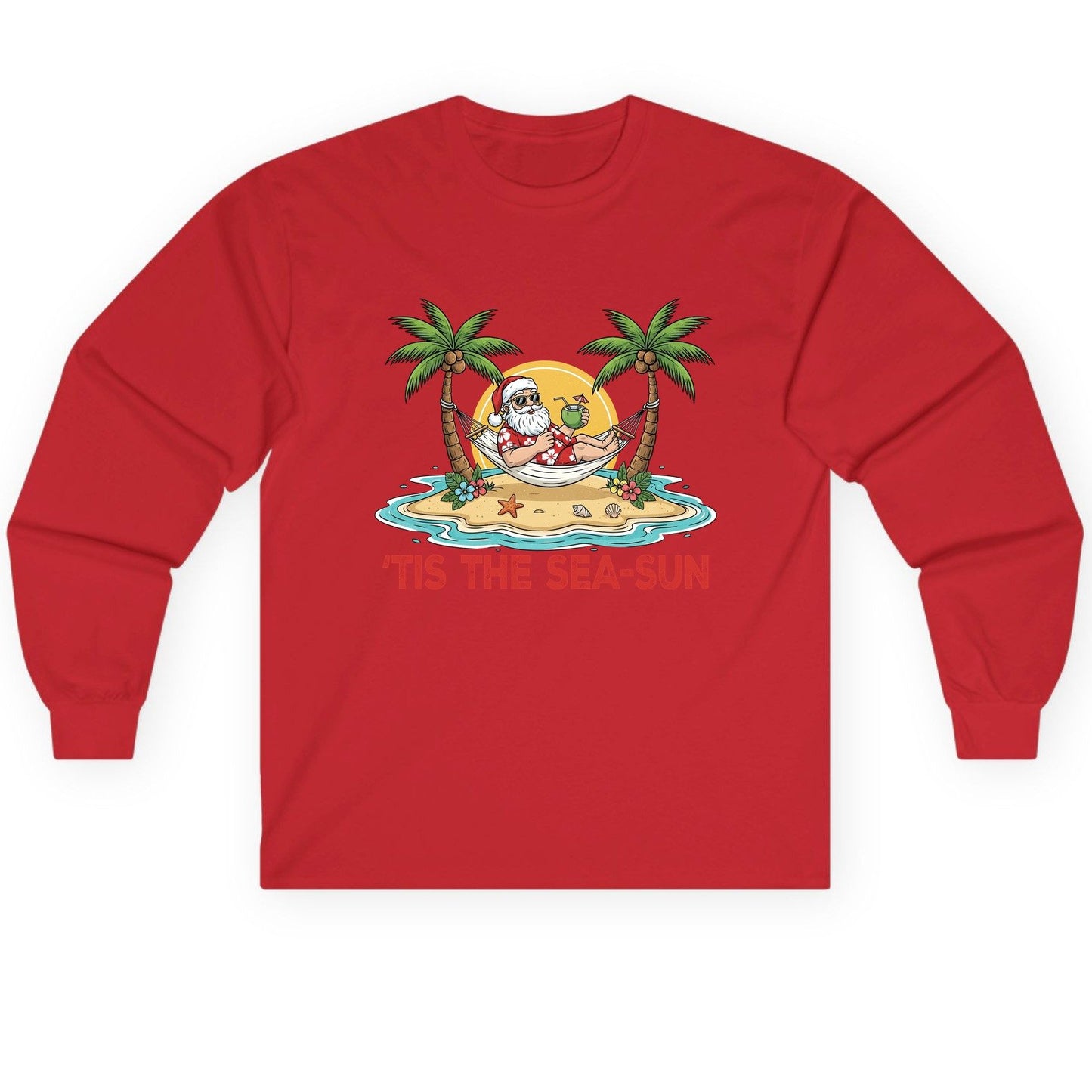 'Tis the Sea-Sun santa claus on a tropical vacation Long Sleeve Tee Red product mockup
