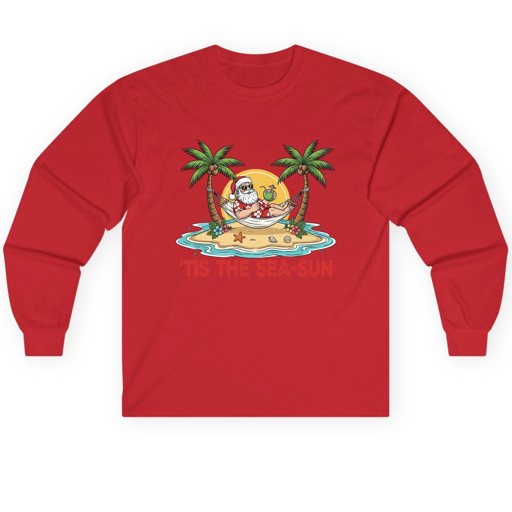 'Tis the Sea-Sun santa claus on a tropical vacation Long Sleeve Tee Red product mockup