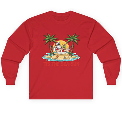 'Tis the Sea-Sun santa claus on a tropical vacation Long Sleeve Tee Red product mockup