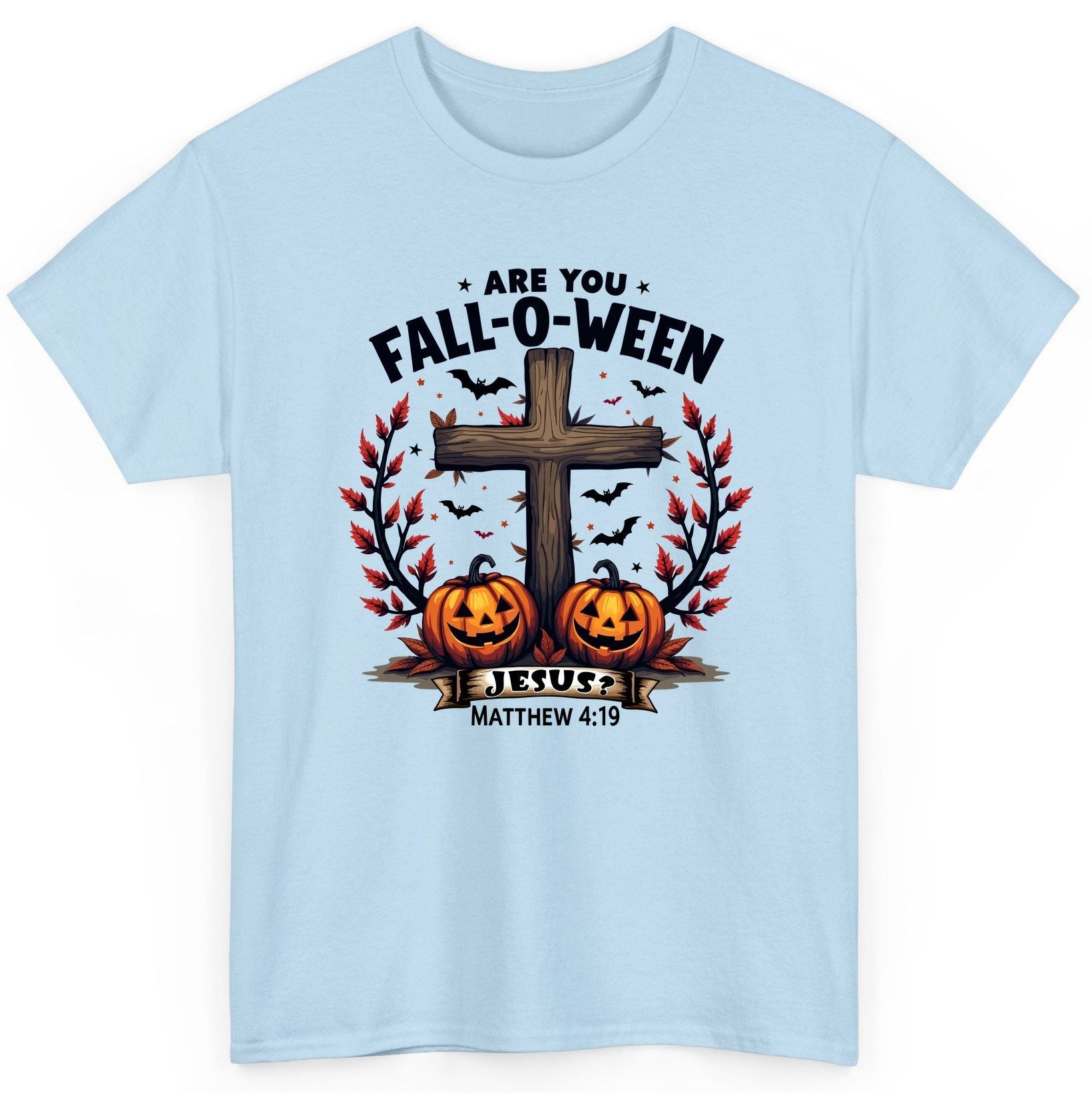 Are You Fall-O-Ween Jesus? christian Halloween T-Shirt Light Blue product mockup