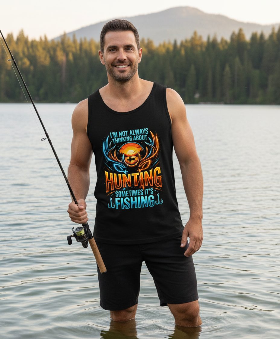 I'm Not Always Thinking About Hunting Sometimes It's Fishing hunting and fishing Tank Top Black lifestyle mockup