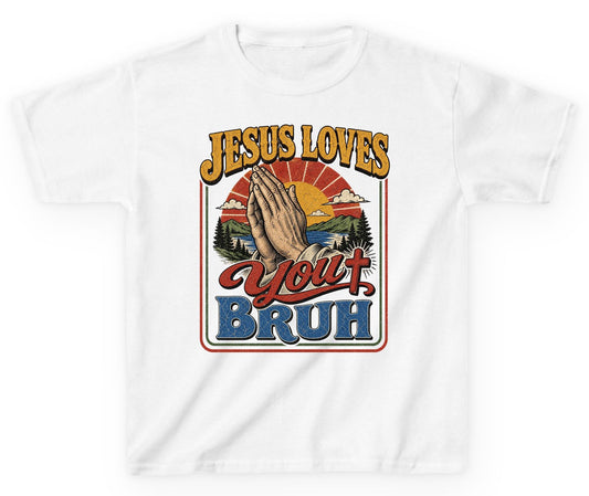 JESUS LOVES You BRUH Funny Christian Humor Youth T-Shirt - product mockup - White