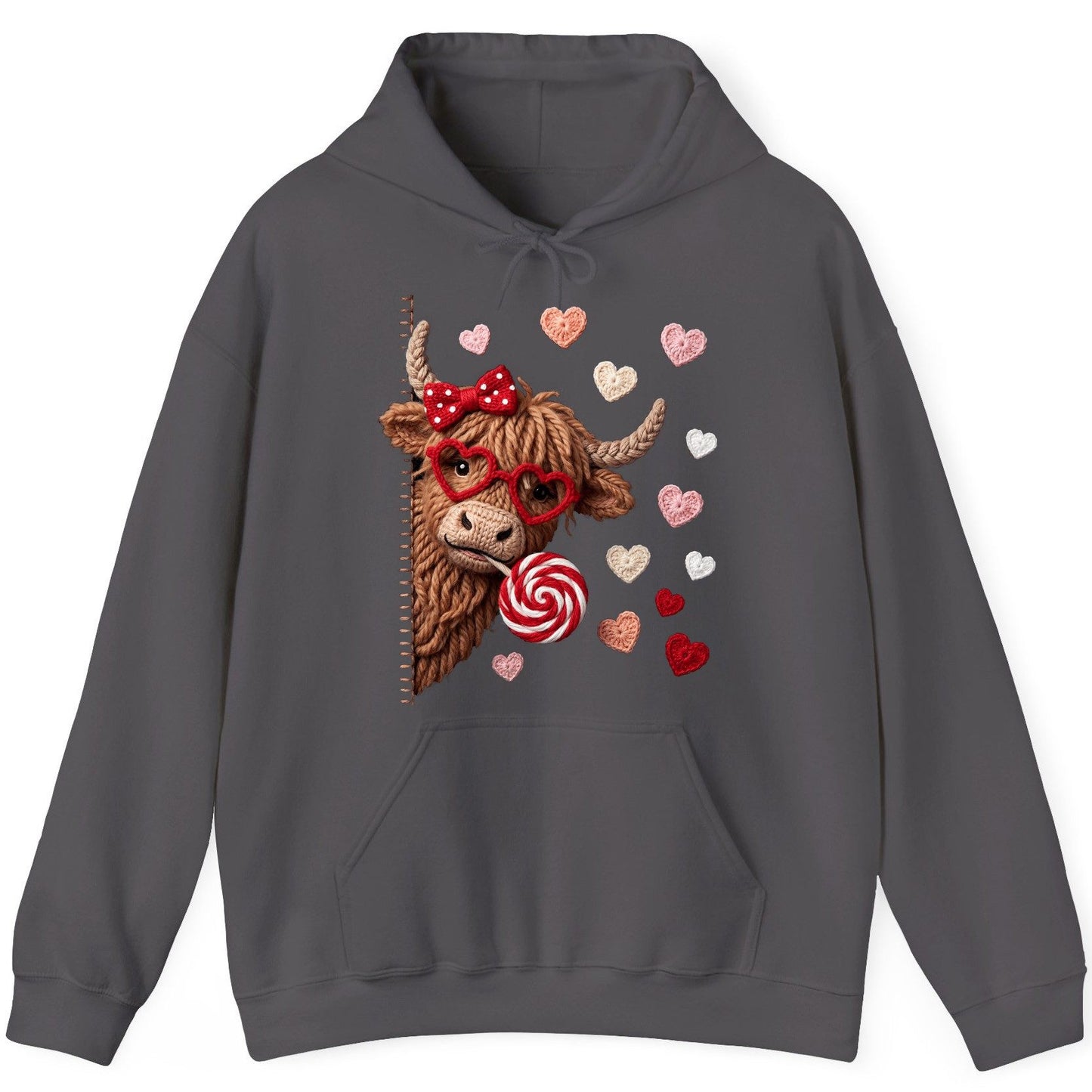 Crochet Valentine's Highland Cow highland cow Hoodie Charcoal product mockup