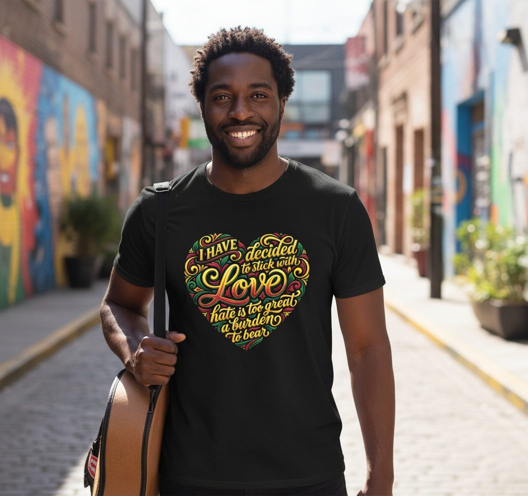 I Have Decided to Stick with Love Hate Is Too Great a Burden to Bear love and peace T-Shirt Black lifestyle mockup