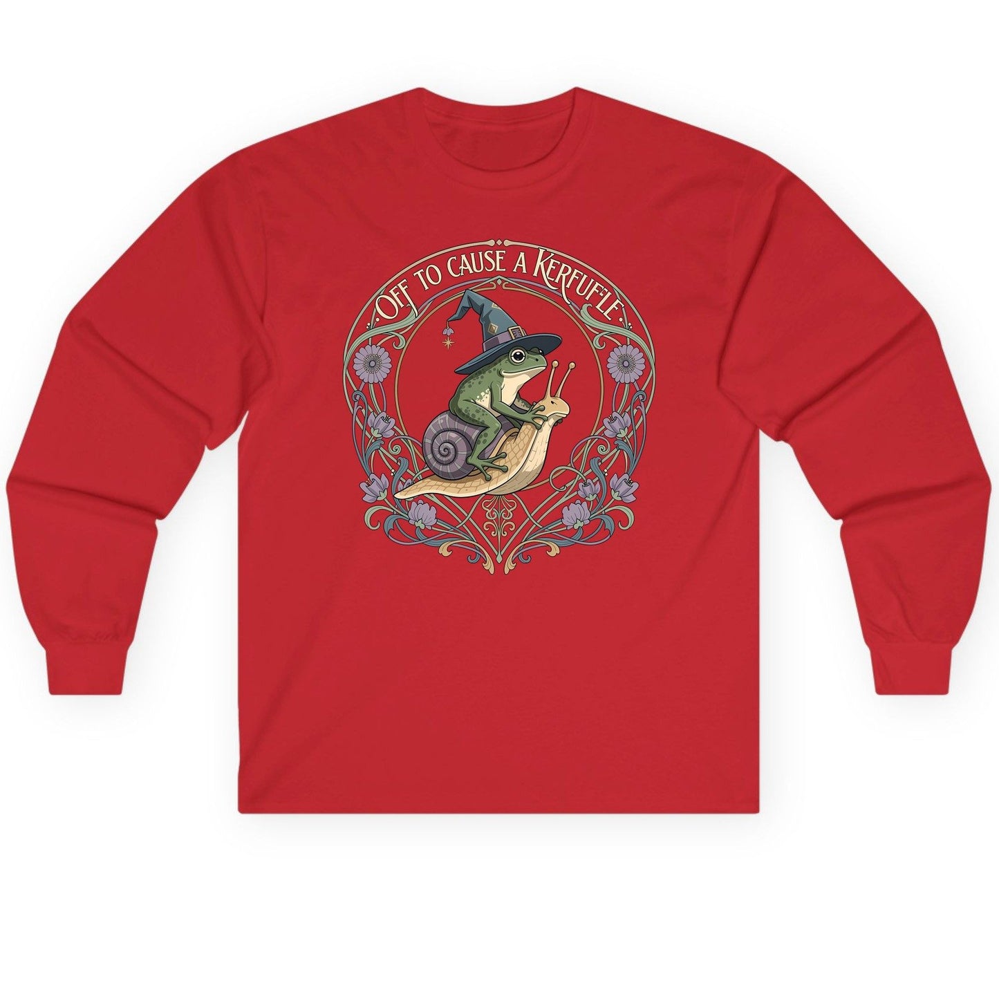 Off to Cause a Kerfuffle frog riding a snail Long Sleeve Tee Red product mockup