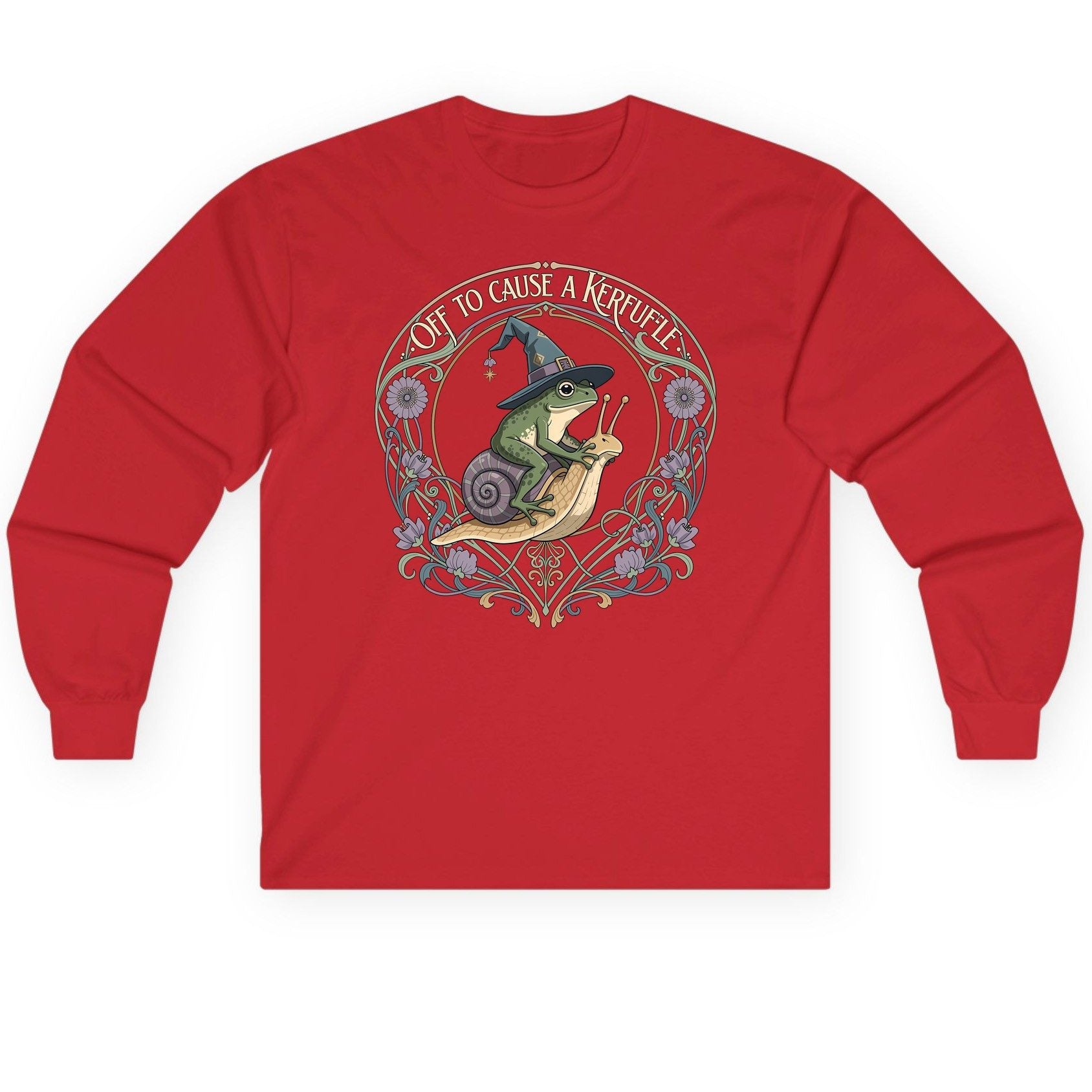 Off to Cause a Kerfuffle frog riding a snail Long Sleeve Tee Red product mockup