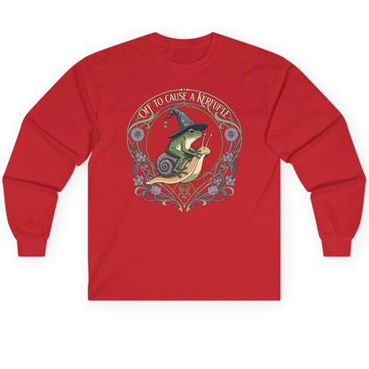 Off to Cause a Kerfuffle frog riding a snail Long Sleeve Tee Red product mockup