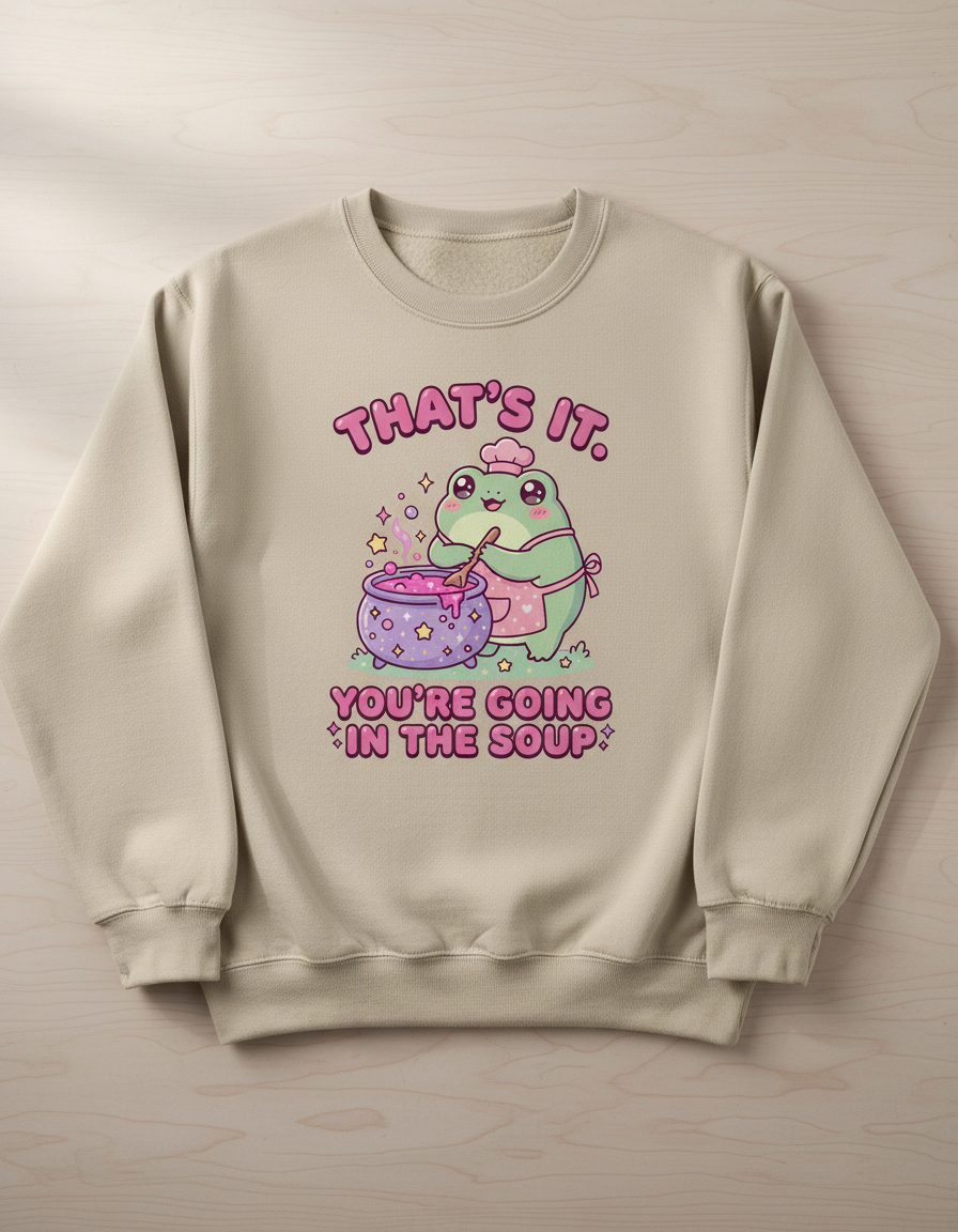 Kawaii Frog Chef 'You're Going In The Soup' Funny Meme Design Sweatshirt - Sand
