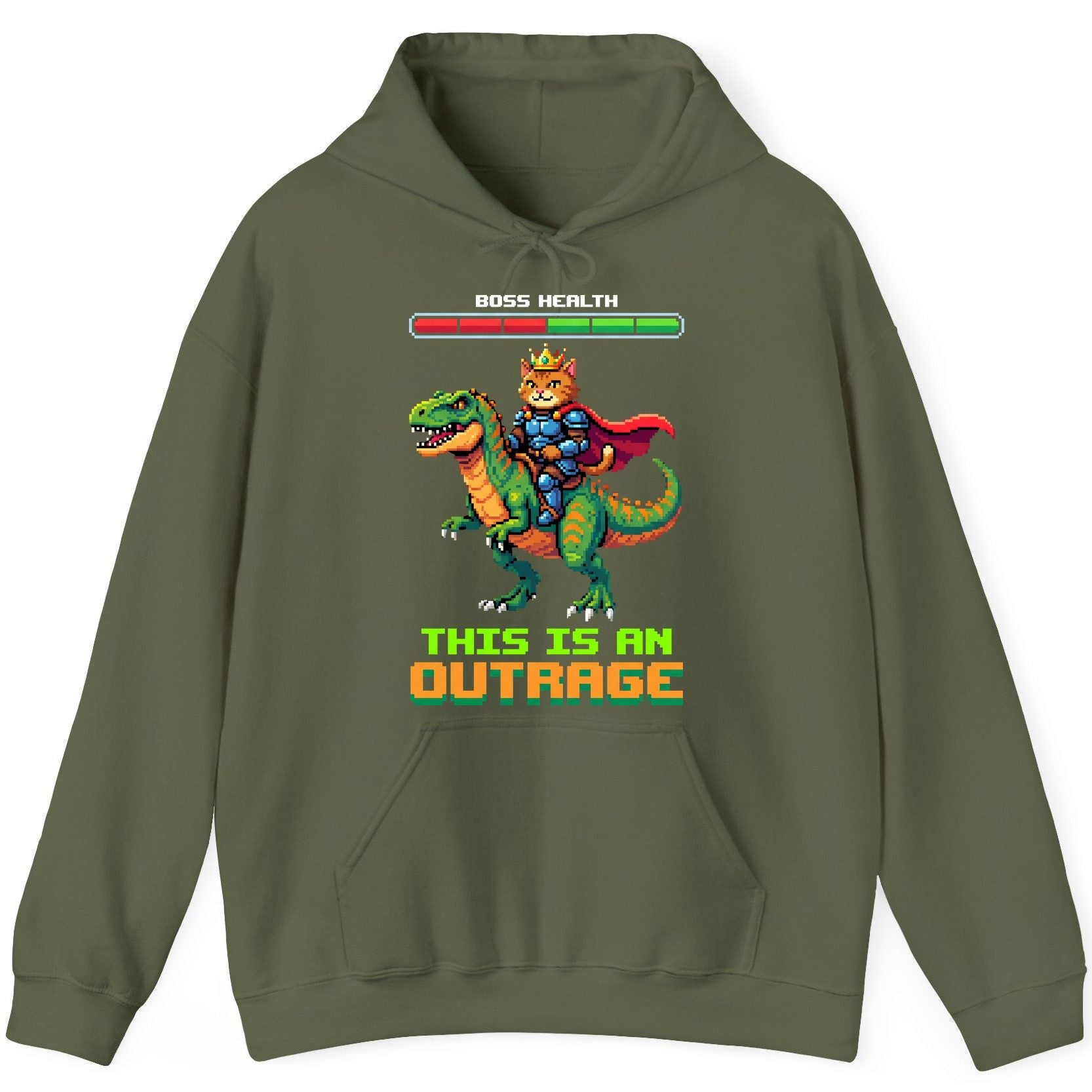 THIS IS AN OUTRAGE Cat riding a dinosaur Hoodie Military Green product mockup