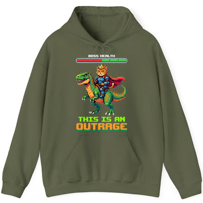 THIS IS AN OUTRAGE Cat riding a dinosaur Hoodie Military Green product mockup