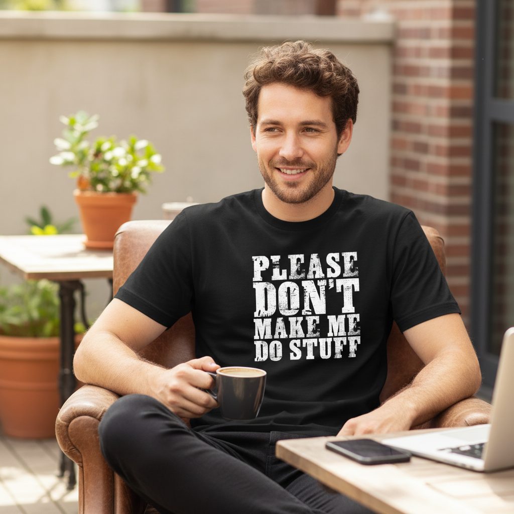 Please Don't Make Me Do Stuff sarcastic humor T-Shirt Black lifestyle mockup