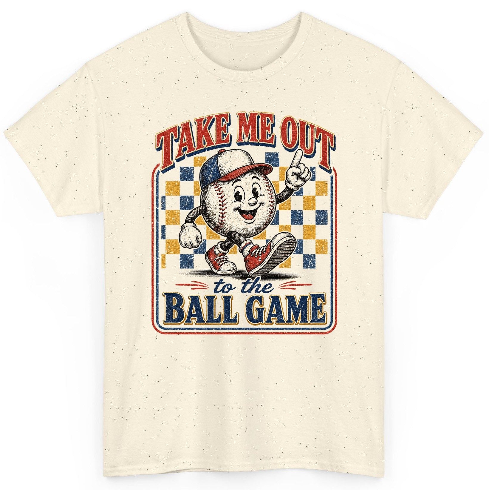Take Me Out to the Ball Game Retro Baseball T-Shirt - product mockup - Natural