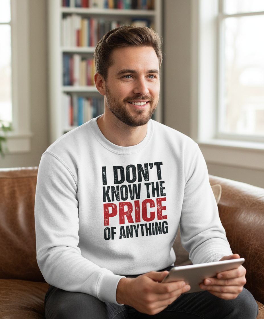 I DON'T KNOW THE PRICE OF Anything Funny Sarcastic Humor Sweatshirt - lifestyle model mockup - White