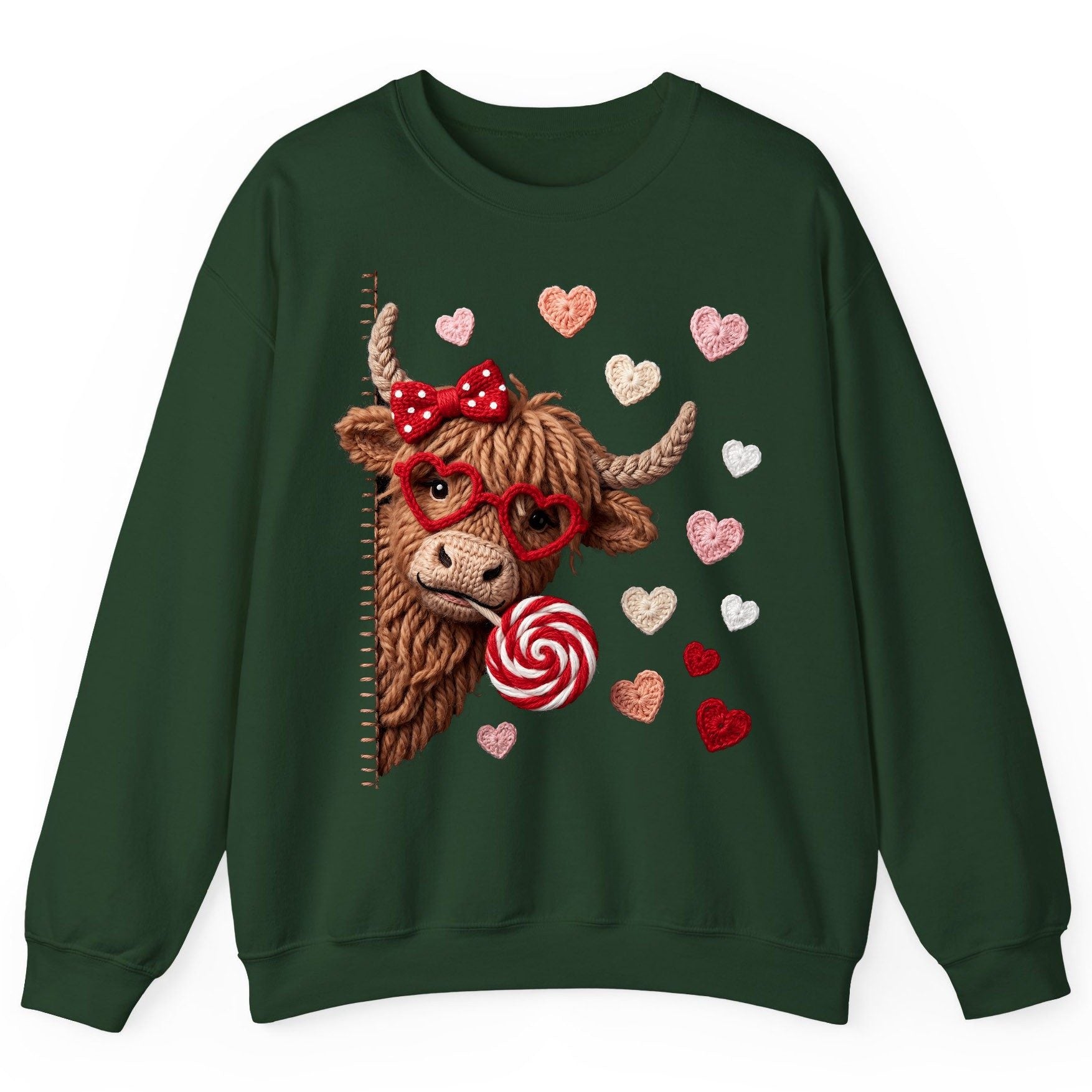 Crochet Valentine's Highland Cow highland cow Sweatshirt Forest Green product mockup