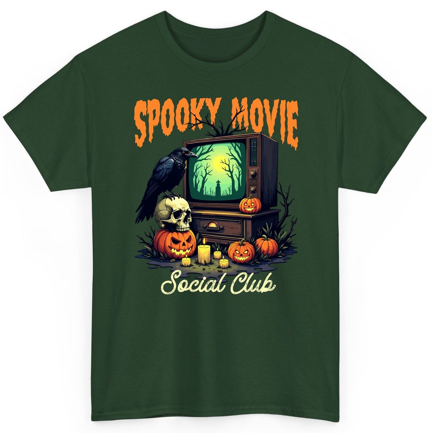 Spooky Movie Social Club Halloween T-Shirt Forest Green product mockup