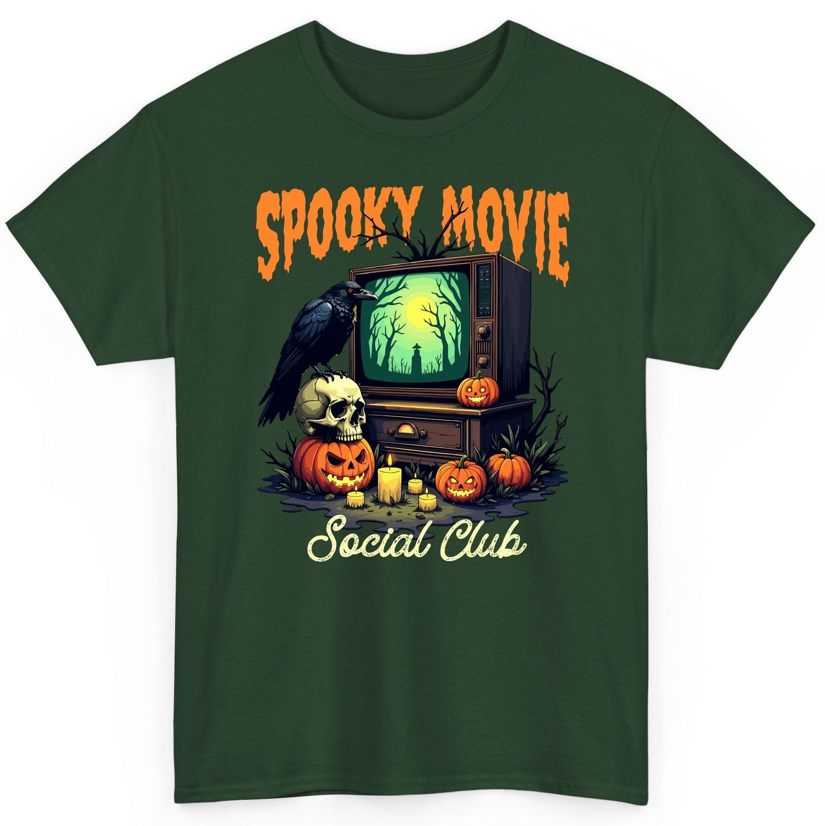 Spooky Movie Social Club Halloween T-Shirt Forest Green product mockup