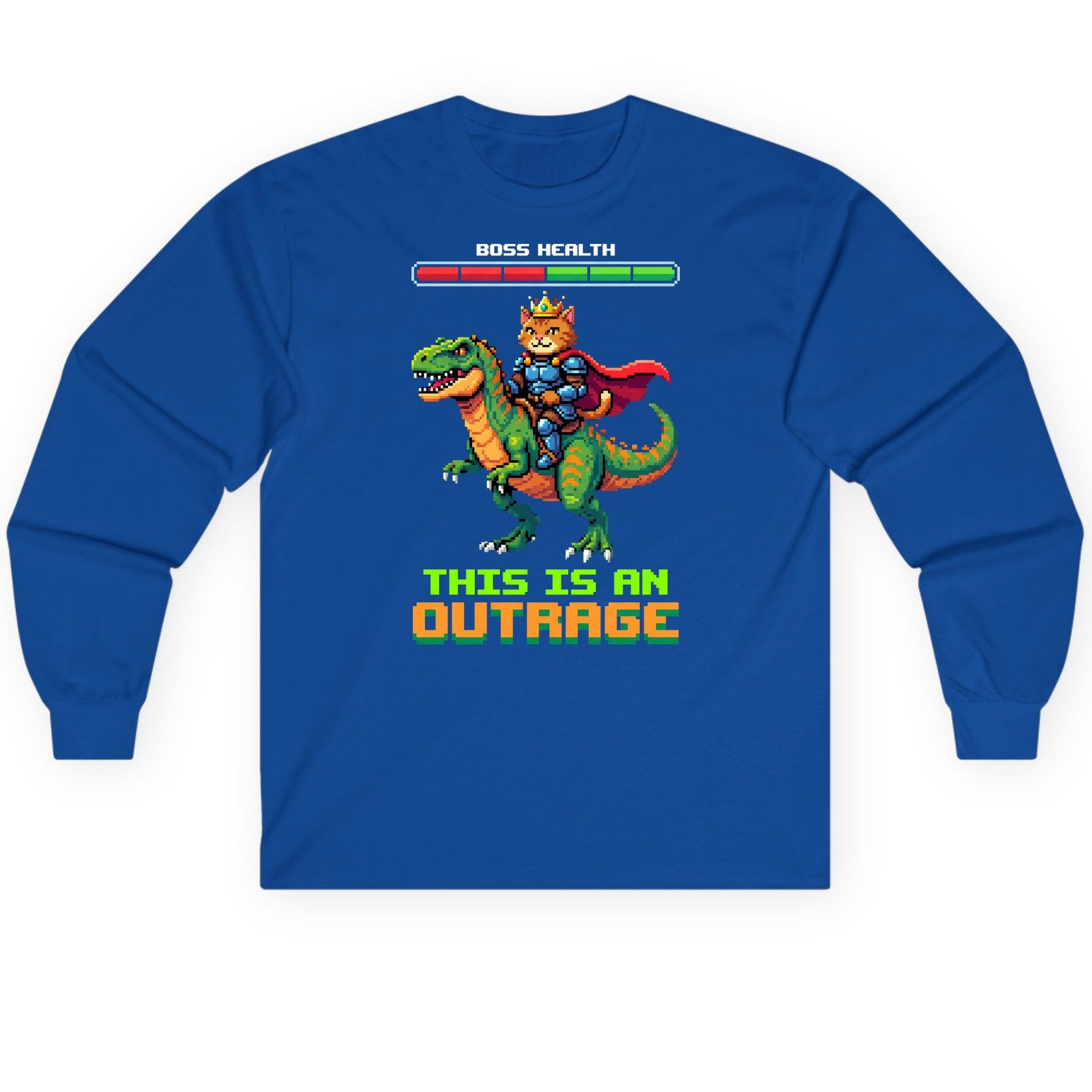 THIS IS AN OUTRAGE Cat riding a dinosaur Long Sleeve Tee Royal product mockup