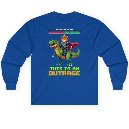 THIS IS AN OUTRAGE Cat riding a dinosaur Long Sleeve Tee Royal product mockup