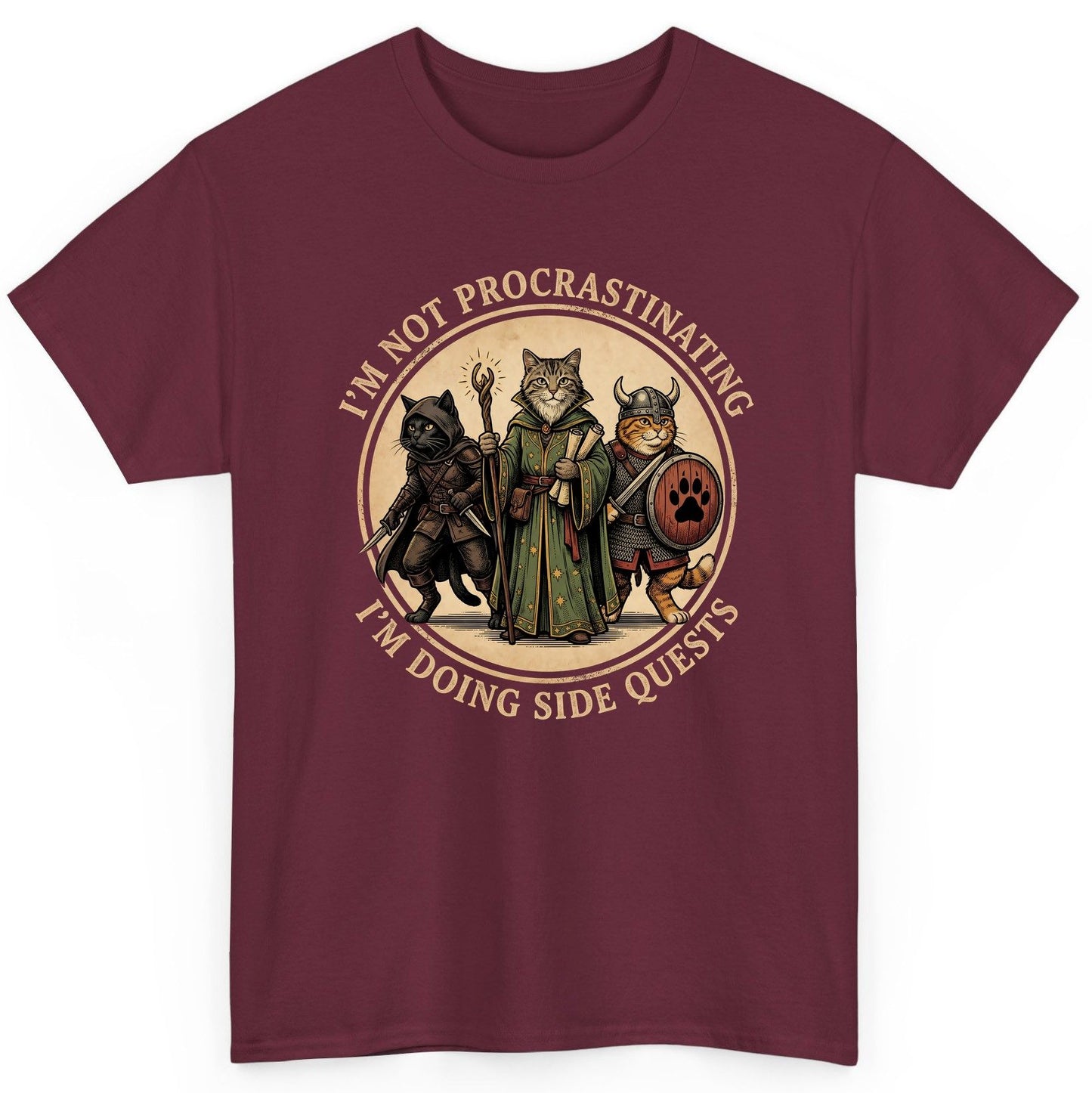 I'm Not Procrastinating I'm Doing Side Quests rpg cats T-Shirt Maroon product mockup