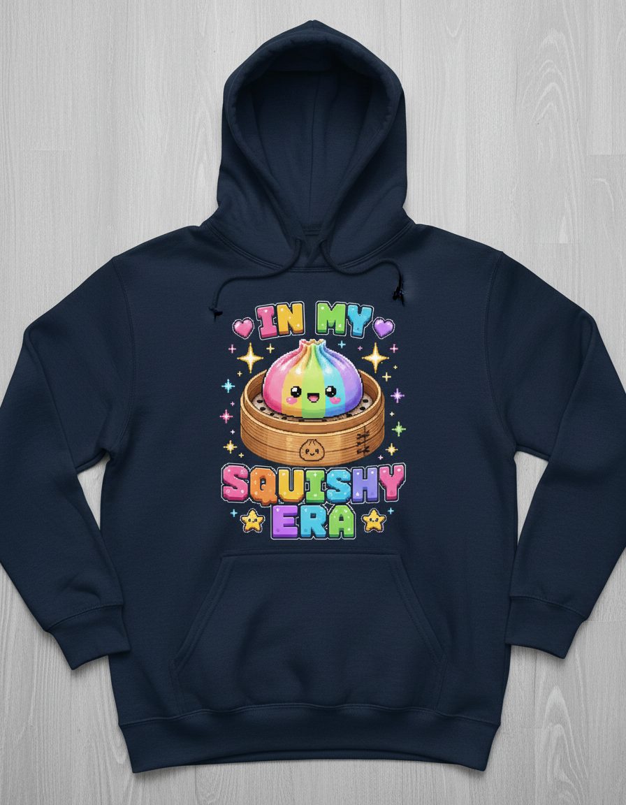 In My Squishy Era Retro Kawaii Dumpling Hoodie - product mockup - Navy