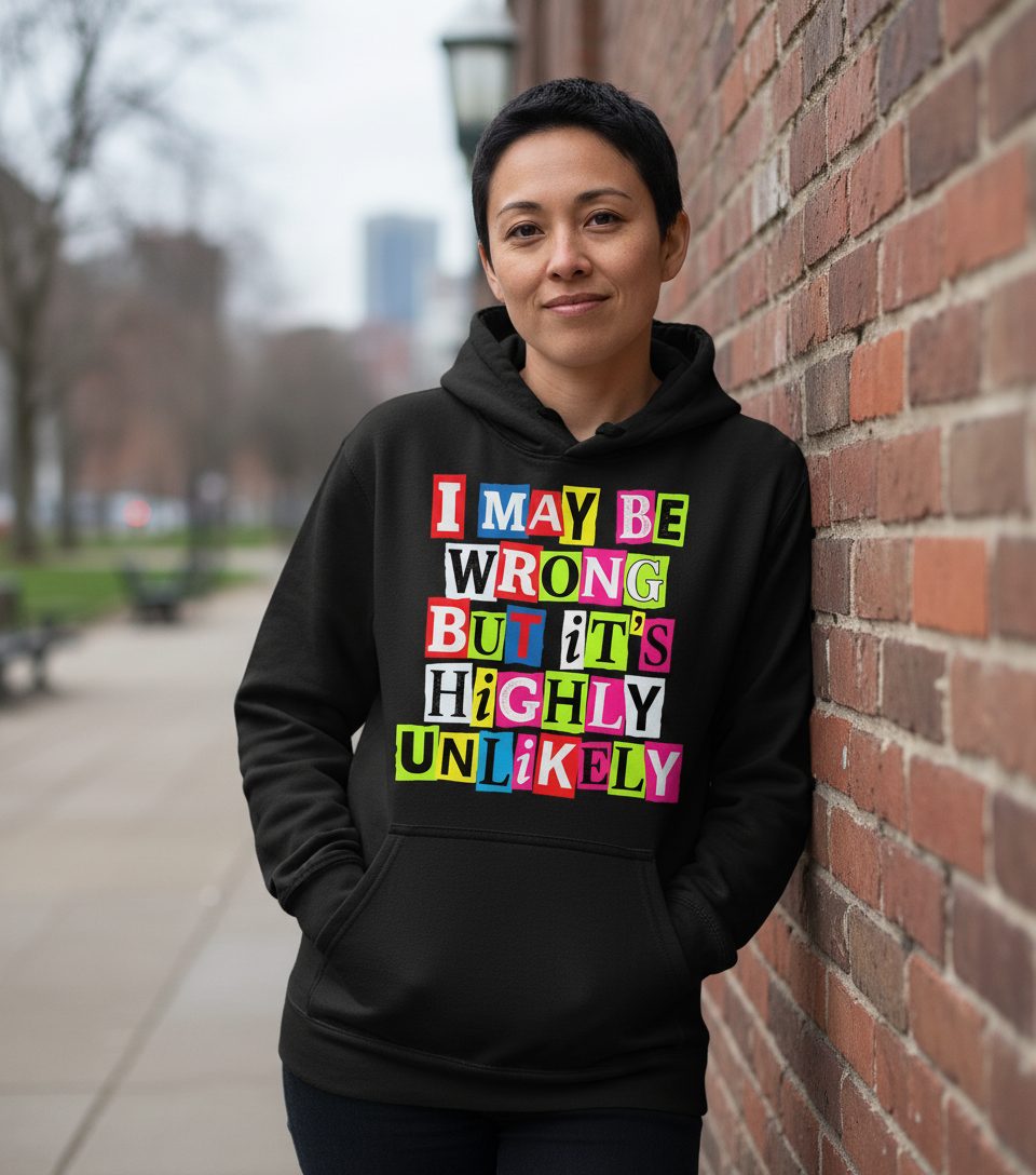 I MAY BE WRONG BUT It's HIGHLY Unlikely Funny Sarcastic Humor Hoodie - lifestyle model mockup - Black