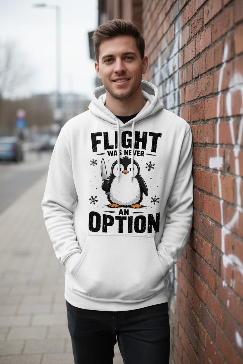Flight Was Never an Option Funny Penguin Hoodie - lifestyle model mockup - White