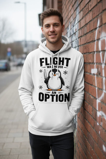 Flight Was Never an Option Funny Penguin Hoodie - lifestyle model mockup - White
