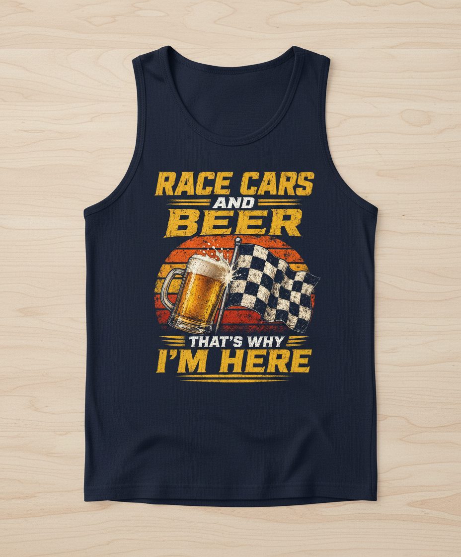 Race Cars and Beer That's Why I'm Here Funny Racing Tank Top - product mockup - Navy