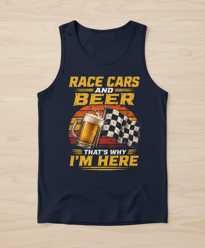 Race Cars and Beer That's Why I'm Here Funny Racing Tank Top - product mockup - Navy