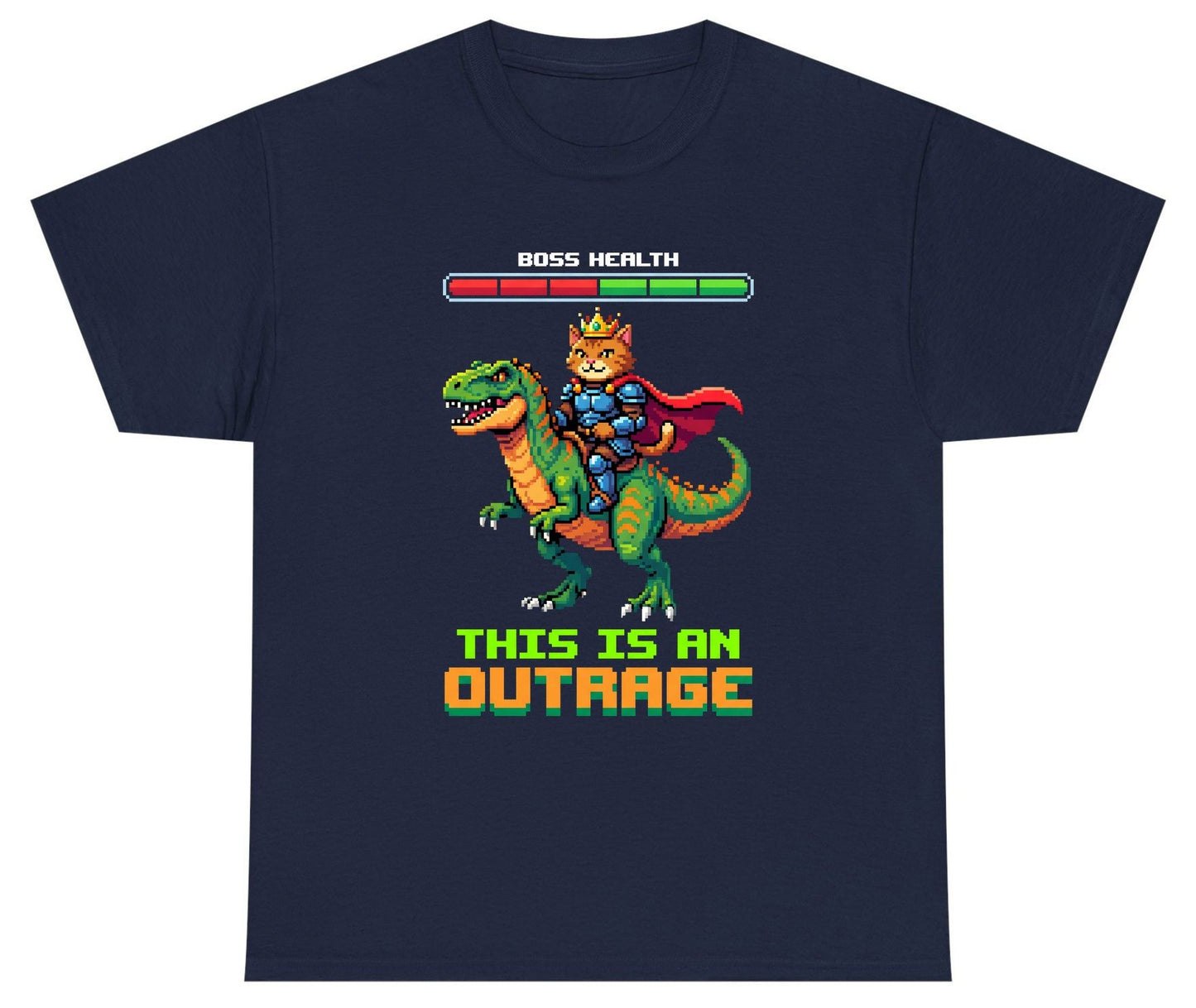 THIS IS AN OUTRAGE Cat riding a dinosaur Youth T-Shirt Navy product mockup