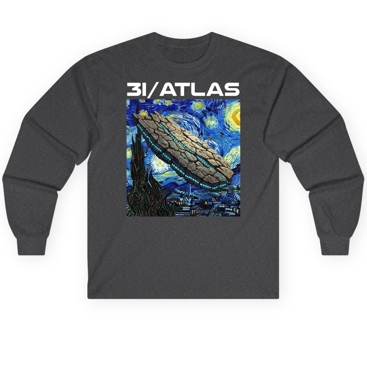 31 Atlas van gogh sci-fi mashup Long Sleeve Tee Dark Heather product mockup