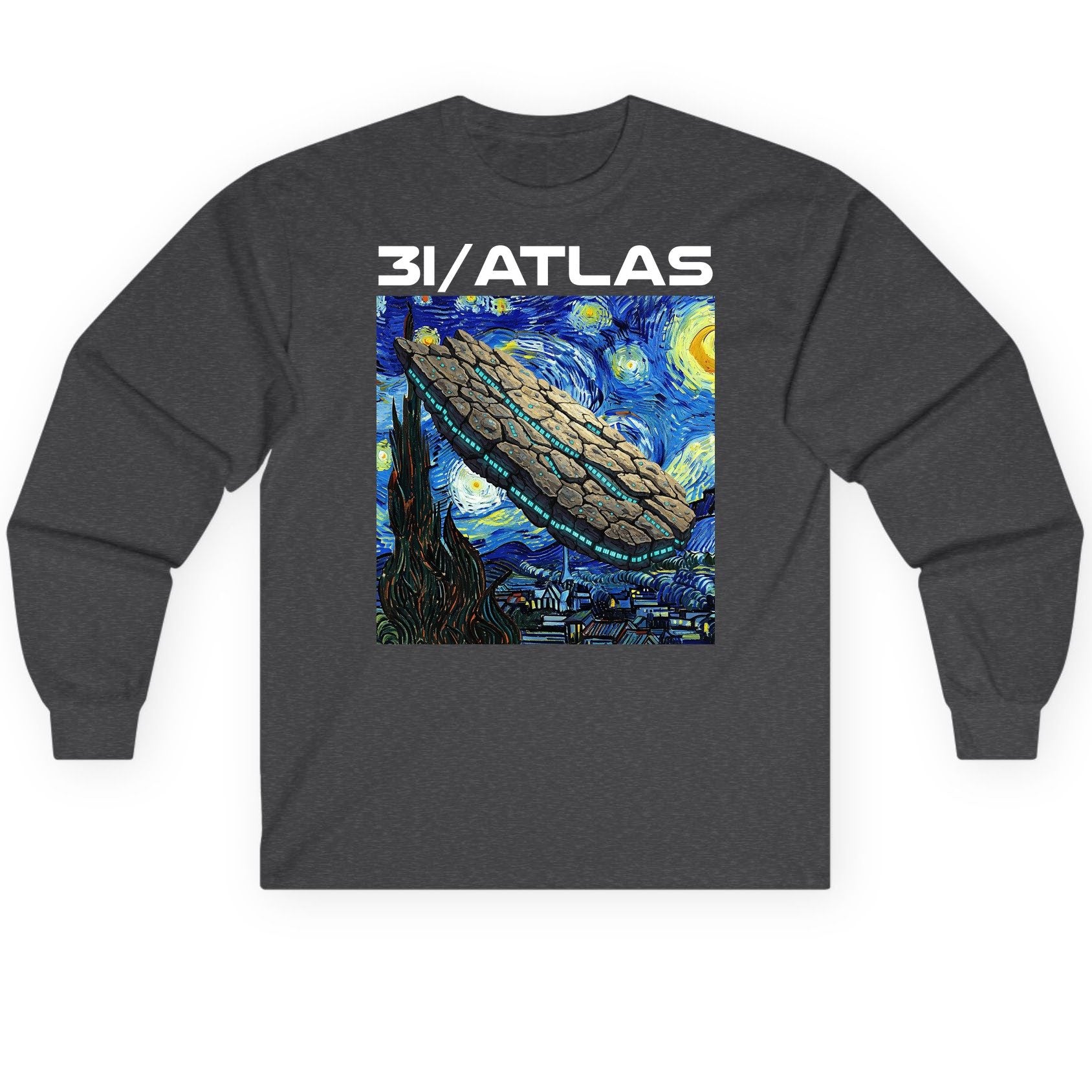 31 Atlas van gogh sci-fi mashup Long Sleeve Tee Dark Heather product mockup