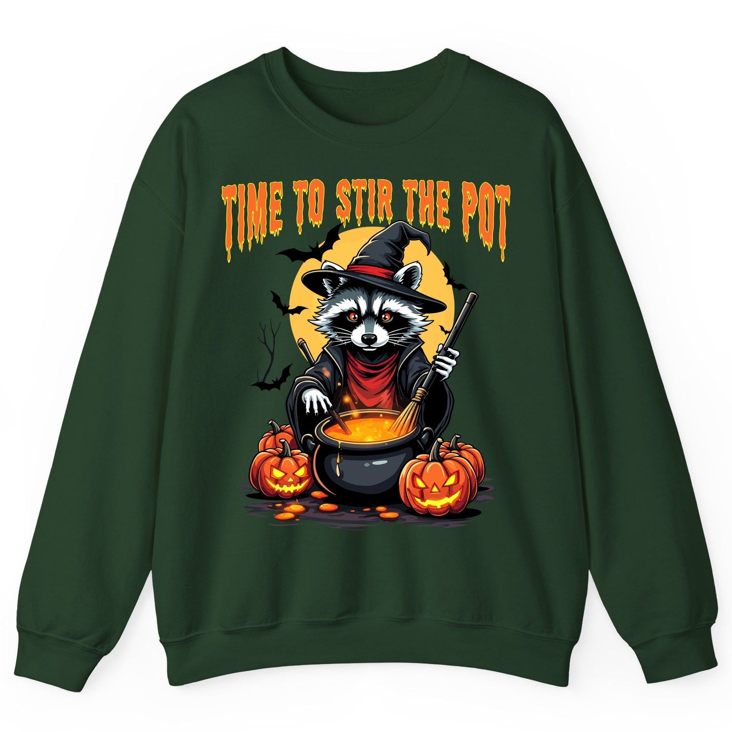 Time to Stir the Pot Halloween raccoon Sweatshirt Forest Green product mockup