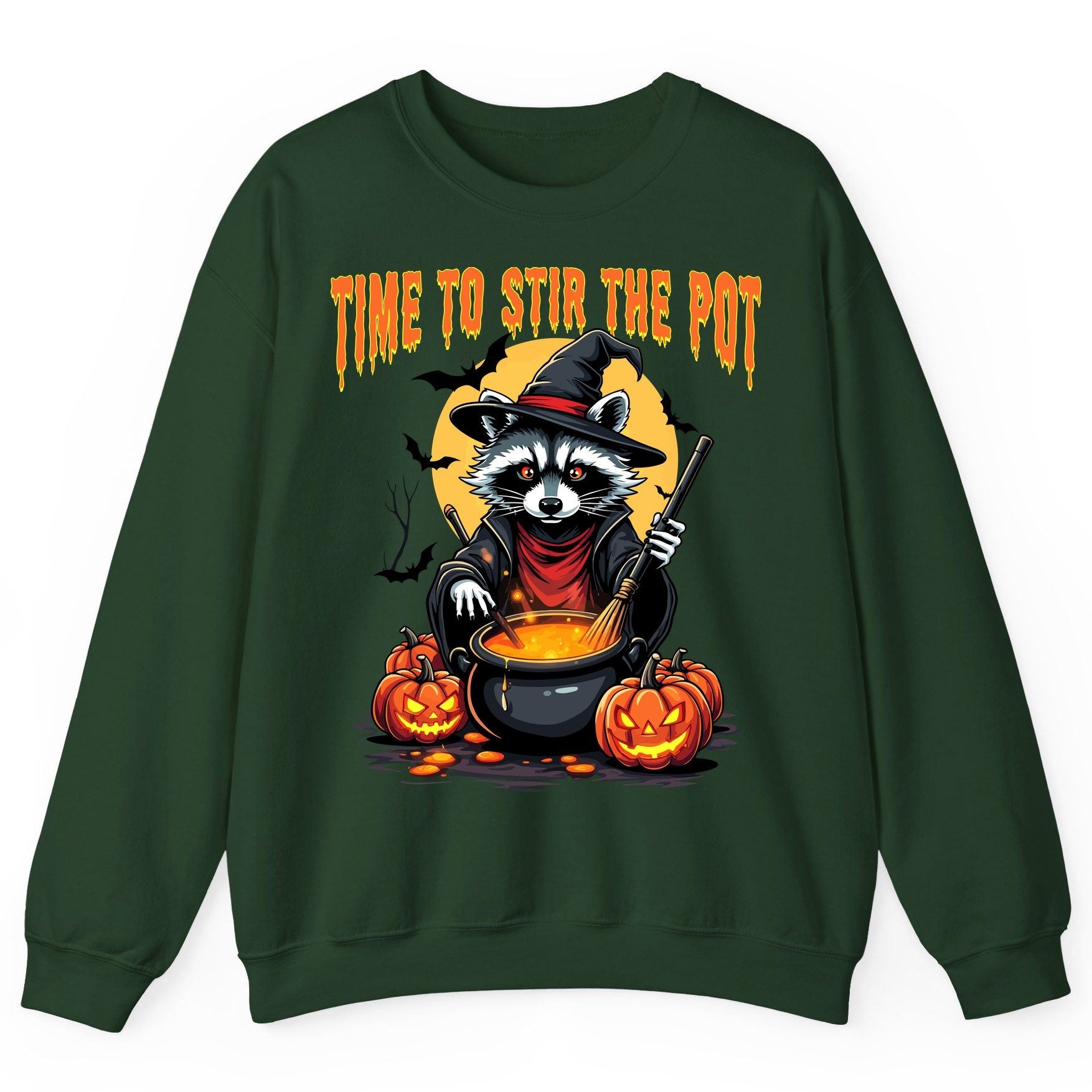 Time to Stir the Pot Halloween raccoon Sweatshirt Forest Green product mockup
