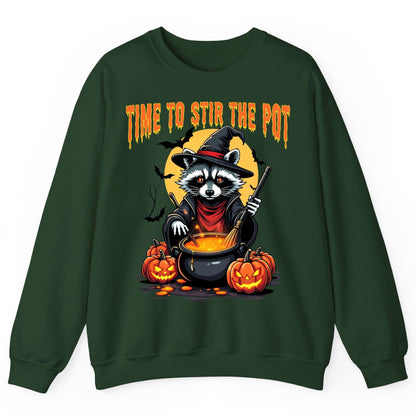 Time to Stir the Pot Halloween raccoon Sweatshirt Forest Green product mockup