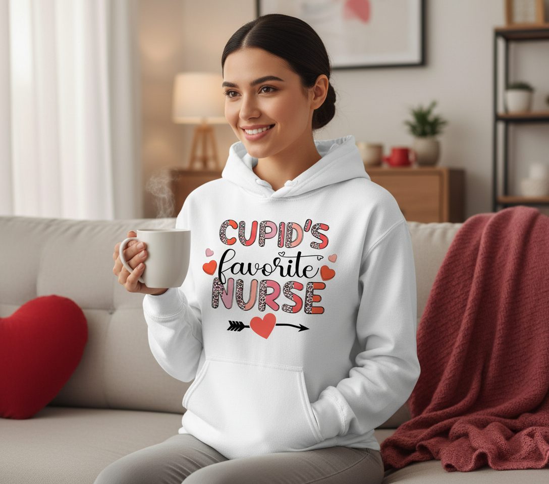 Cupid's Favorite Nurse nurse Hoodie White lifestyle mockup