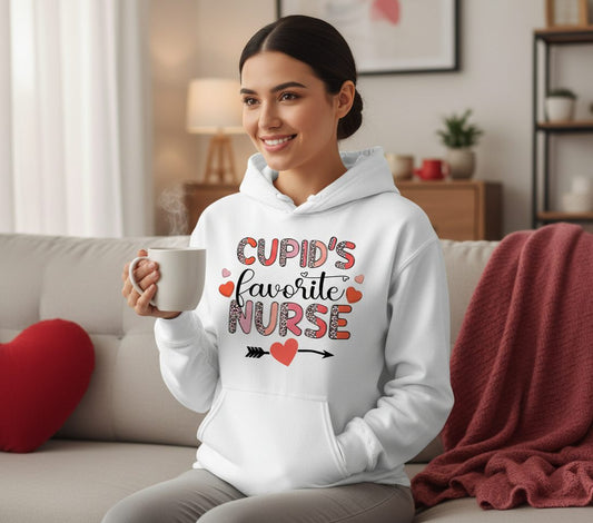 Cupid's Favorite Nurse nurse Hoodie White lifestyle mockup