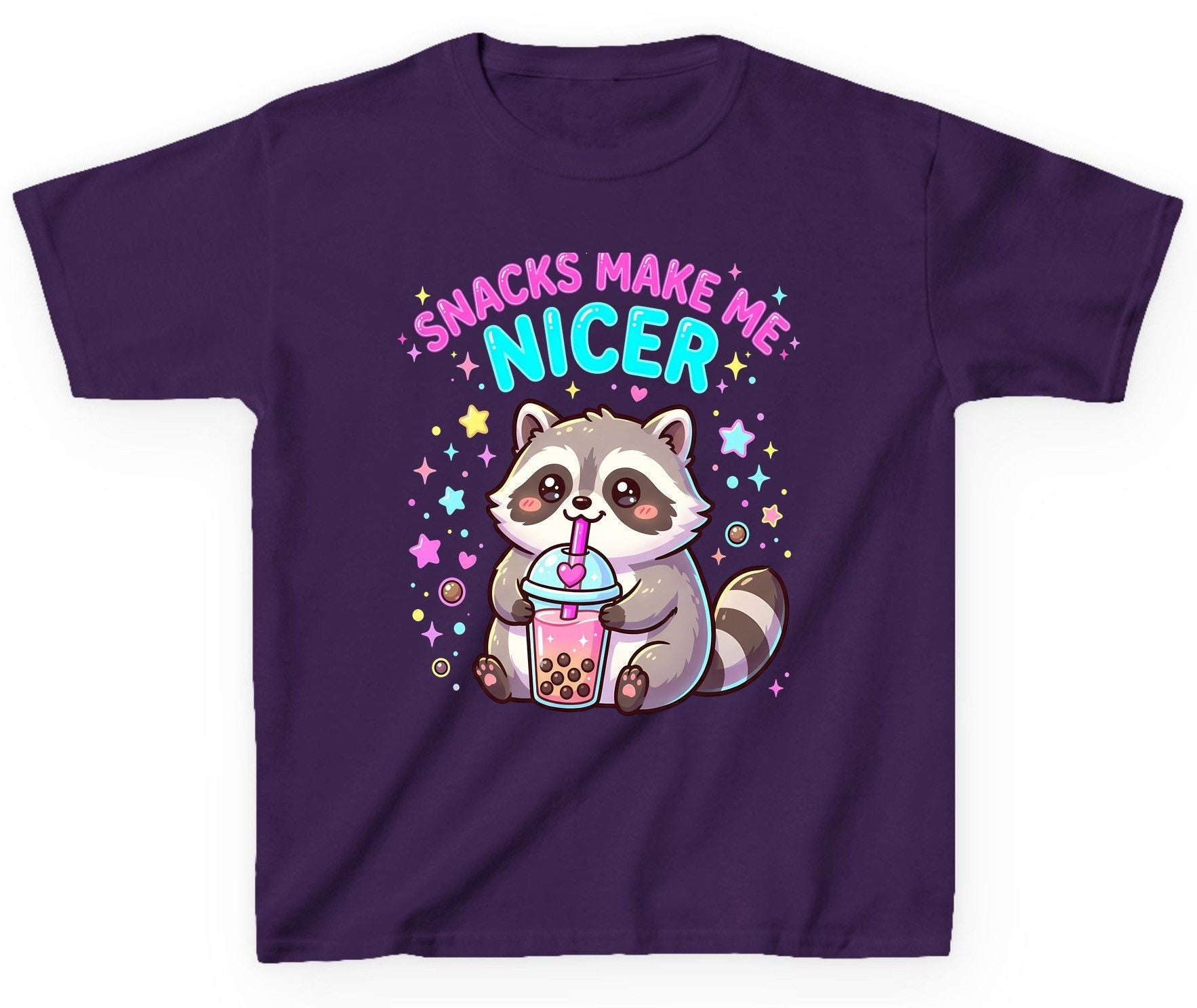 SNACKS MAKE ME NICER Funny Raccoon Youth T-Shirt - product mockup - Purple
