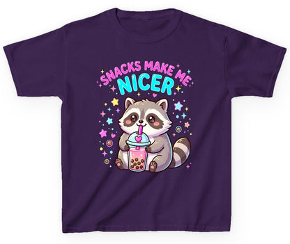 SNACKS MAKE ME NICER Funny Raccoon Youth T-Shirt - product mockup - Purple
