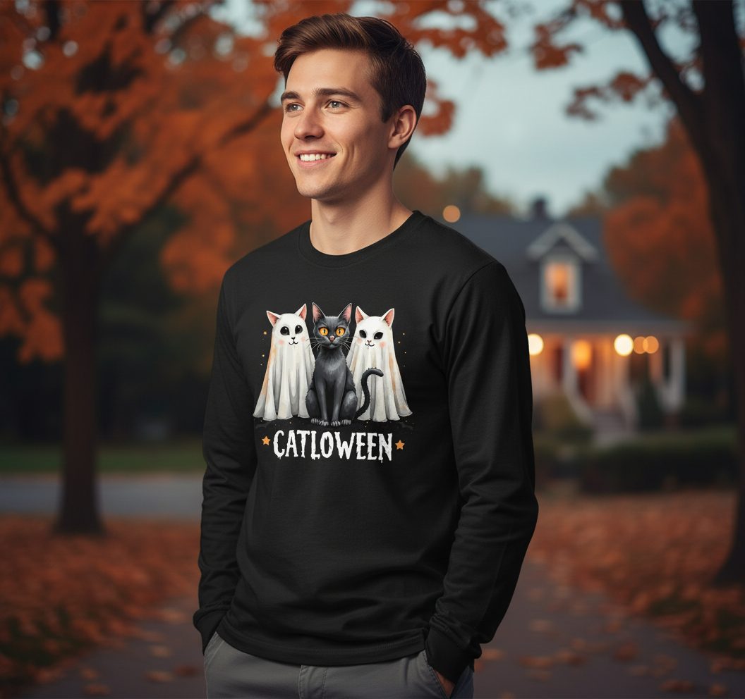 Catloween Halloween cats Long Sleeve Tee Black lifestyle mockup