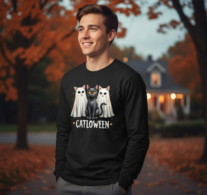 Catloween Halloween cats Long Sleeve Tee Black lifestyle mockup