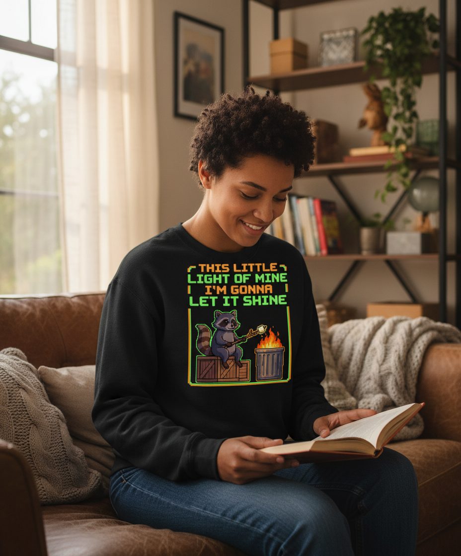 THIS LITTLE LIGHT OF MINE I'M GONNA LET IT SHINE Raccoon Sweatshirt Black lifestyle mockup