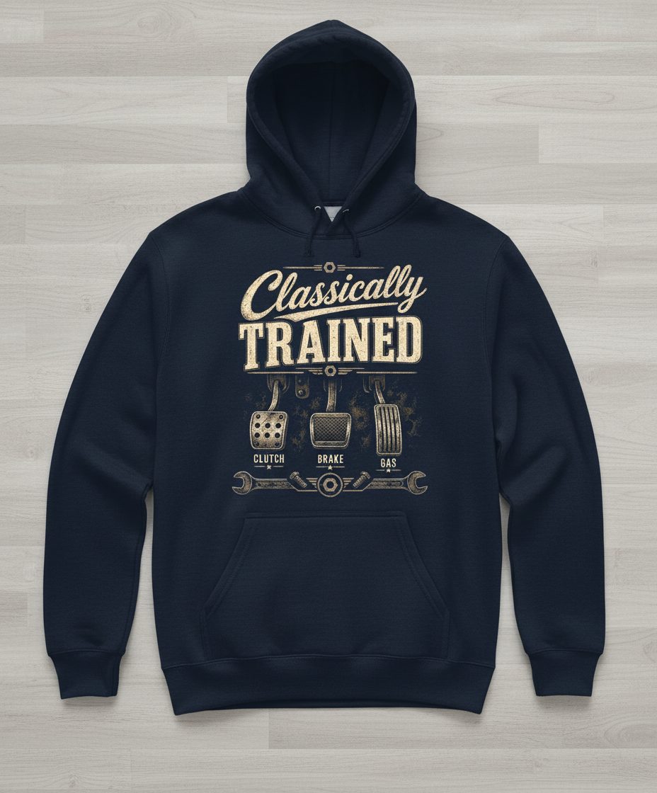 Classically Trained Retro Manual Transmission Hoodie - product mockup - Navy
