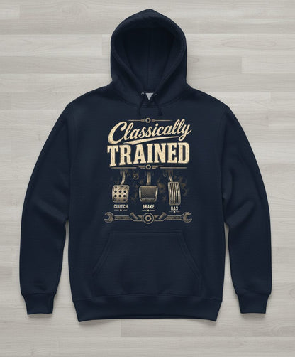 Classically Trained Retro Manual Transmission Hoodie - product mockup - Navy