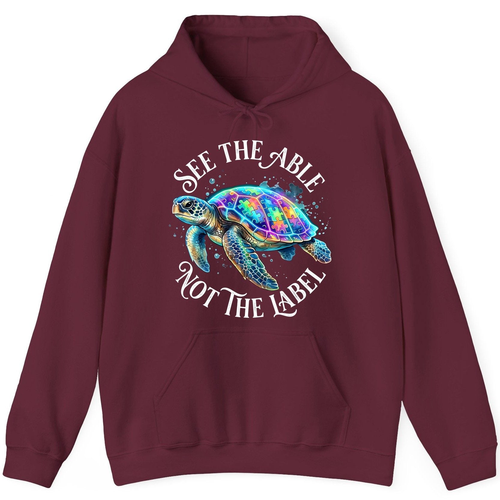 See the Able Not the Label Autism Awareness Hoodie - product mockup - Maroon